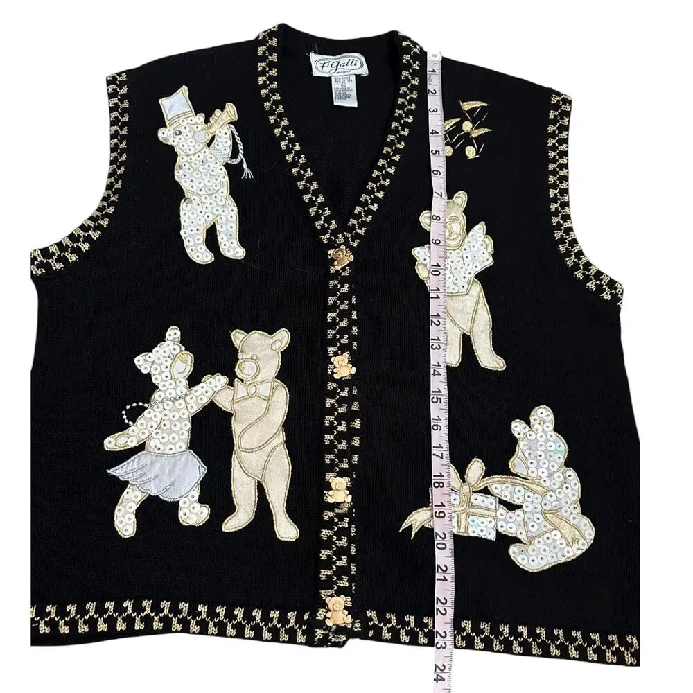 Vintage P’Galli Sequin Teddy Bear Christmas Vest XL Black Gold Holiday Sweater